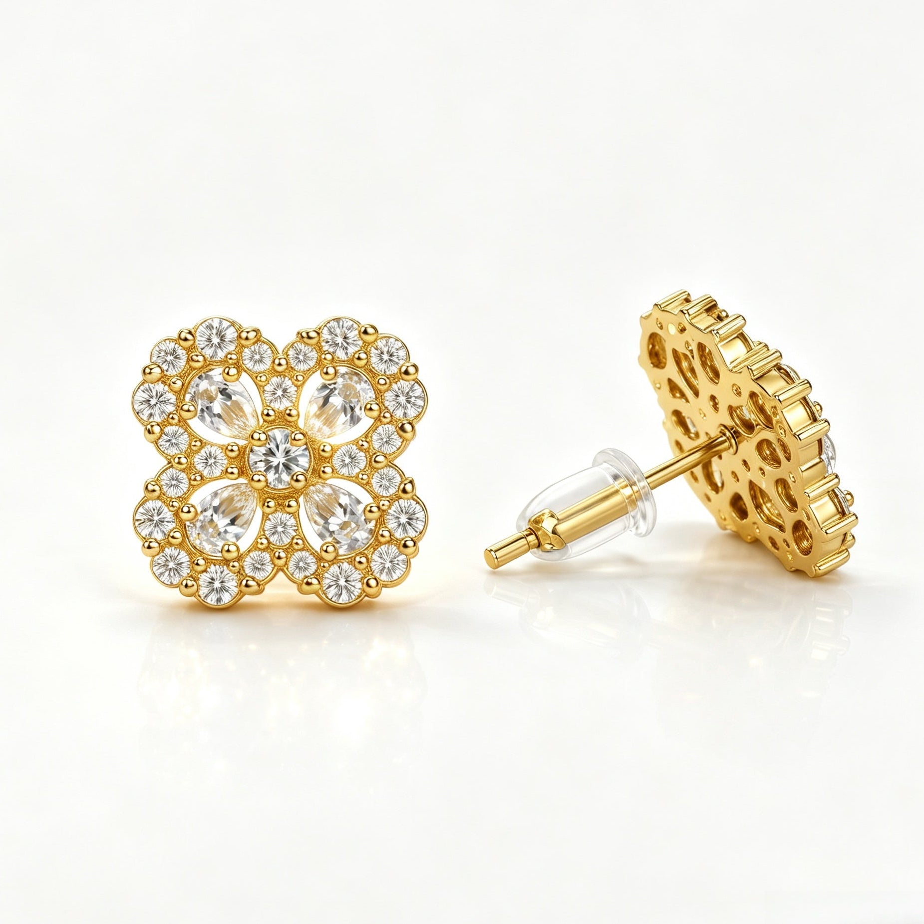 Halo Four Leaf Clover 2-Piece Jewelry Set Gold Tone Alloy 925 Silver Posts｜ FaeAtelier