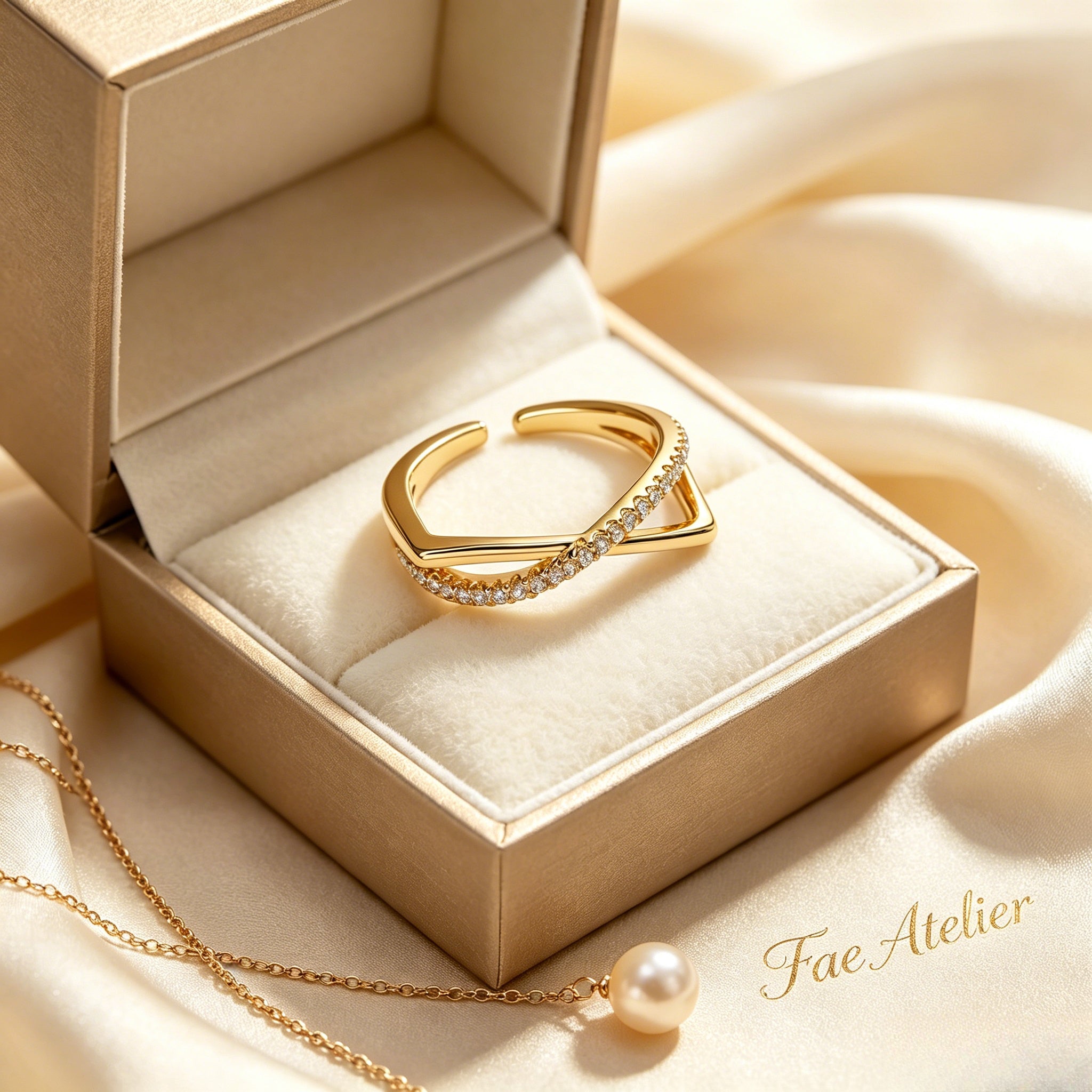 Twisted Square Frame Adjustable Ring | Pave CZ Gold Tone Alloy Ring FaeAtelier