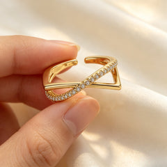 Twisted Square Frame Adjustable Ring | Pave CZ Gold Tone Alloy Ring FaeAtelier