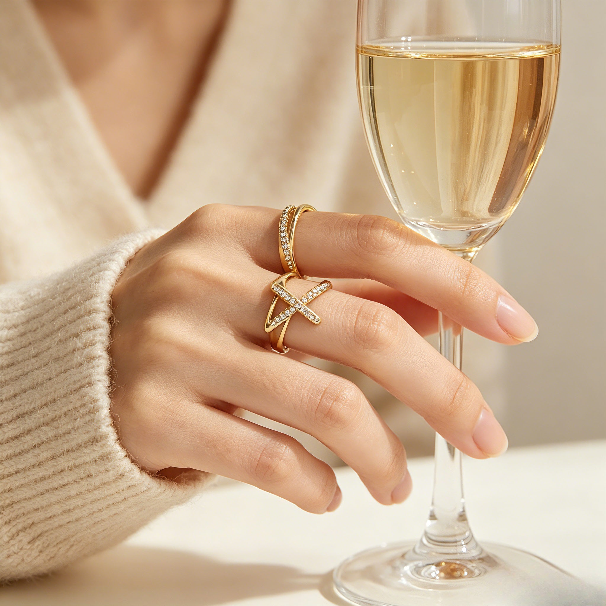 Twisted Square Frame Adjustable Ring | Pave CZ Gold Tone Alloy Ring FaeAtelier