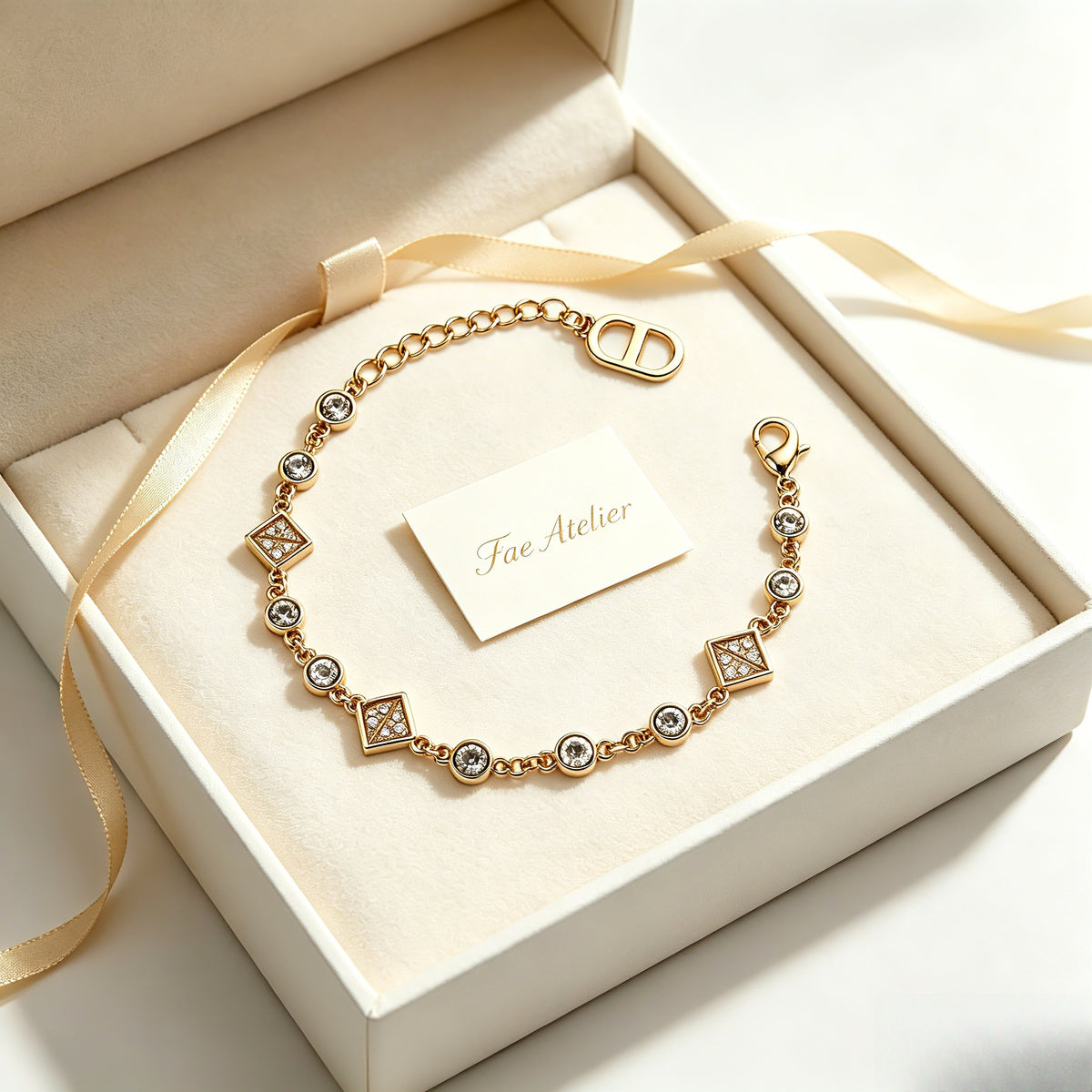 Square Pave Cubic Zirconia Adjustable Chain Bracelet Gold Tone Alloy｜ FaeAtelier