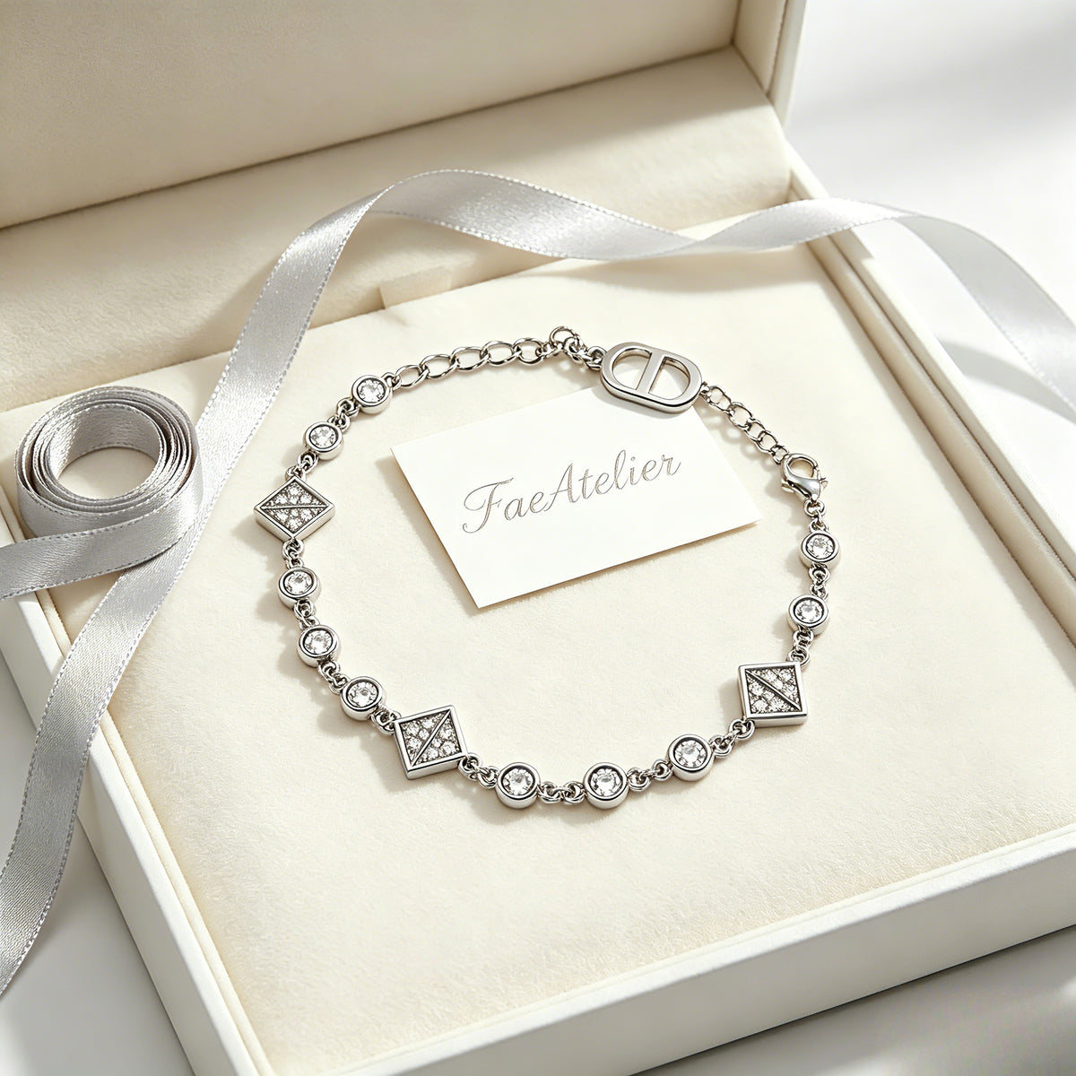 Square Pave Cubic Zirconia Adjustable Chain Bracelet Silver Tone Alloy｜ FaeAtelier
