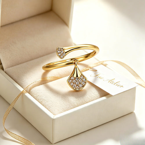 Floating Ginkgo Leaf Promise Adjustable Ring | Pave CZ Gold Tone Alloy Ring FaeAtelier