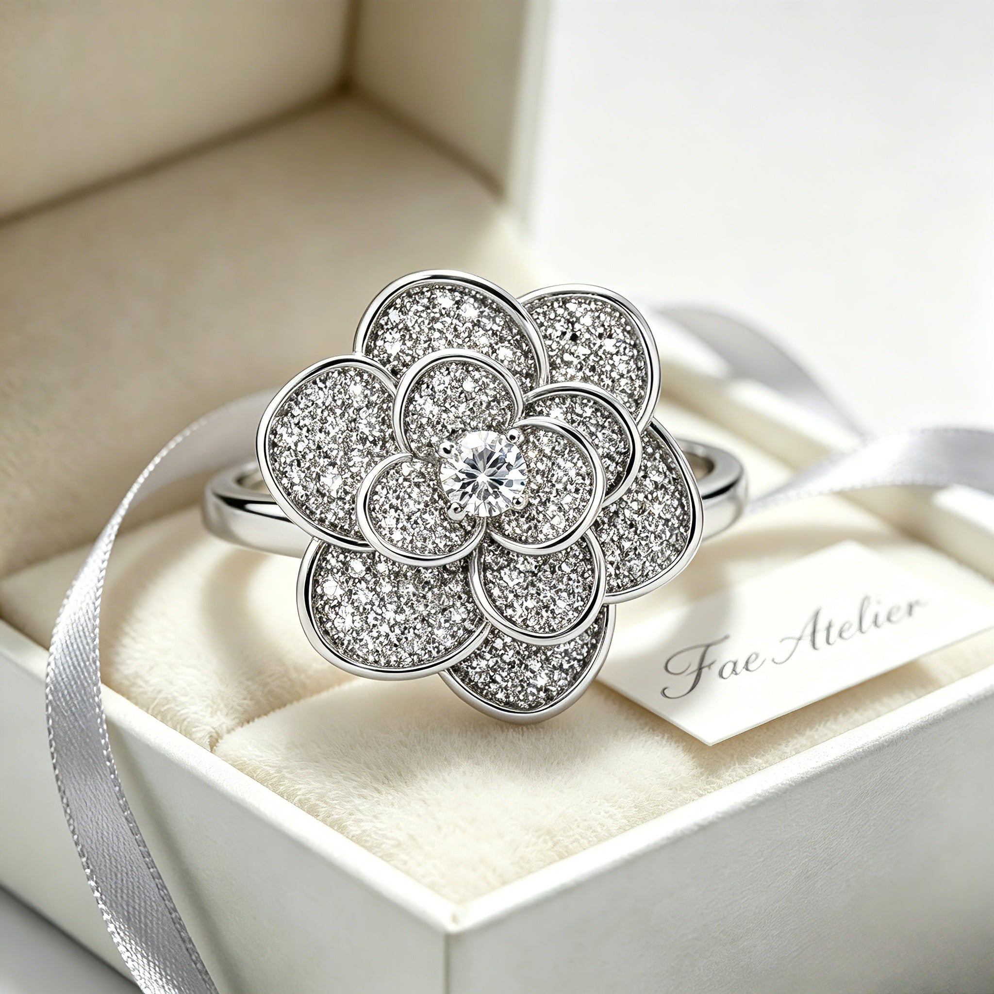 Spinning Camellia Stress Relief Ring | Full Pave CZ Silver Tone Alloy Ring｜ FaeAtelier