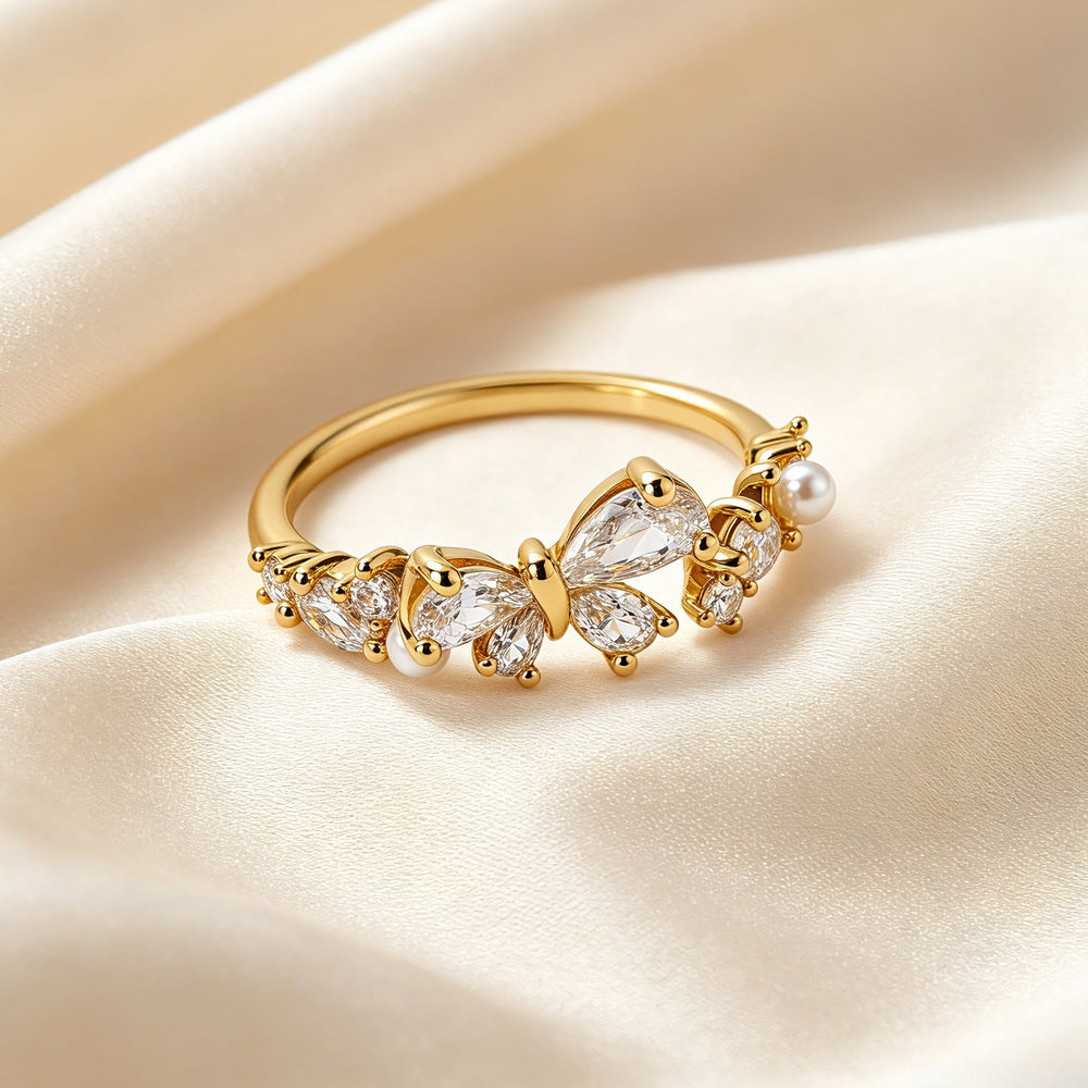 Double Butterfly Adjustable Ring | Marquise CZ Pearl Gold Tone Alloy Ring｜ FaeAtelier