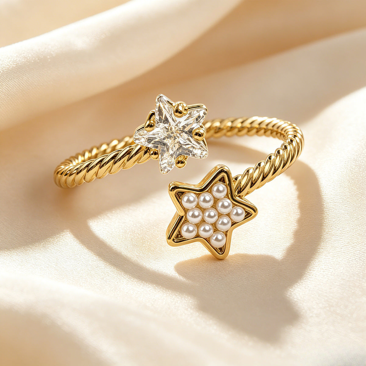 . Adjustable Twisted Rope Dual Star Open Ring