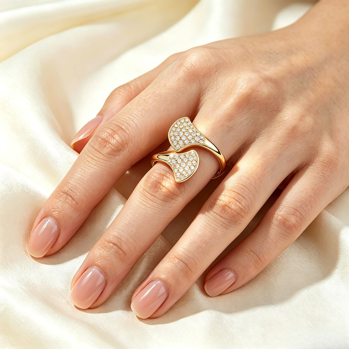 Original Double Ginkgo Leaf Open Adjustable Gold Tone CZ Ring ｜FaeAtelier