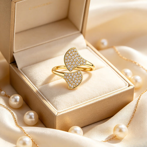 Original Double Ginkgo Leaf Open Adjustable Gold Tone CZ Ring ｜FaeAtelier