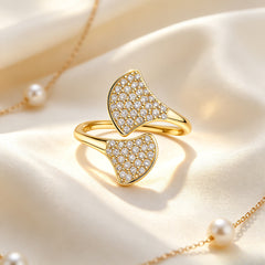 Original Double Ginkgo Leaf Open Adjustable Gold Tone CZ Ring ｜FaeAtelier