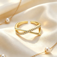 Twisted Square Frame Adjustable Ring | Pave CZ Gold Tone Alloy Ring FaeAtelier