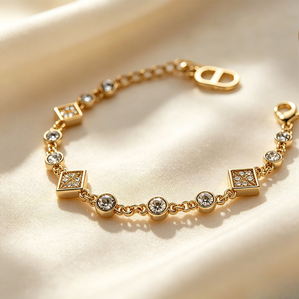 Square Pave Cubic Zirconia Adjustable Chain Bracelet Gold Tone Alloy｜ FaeAtelier