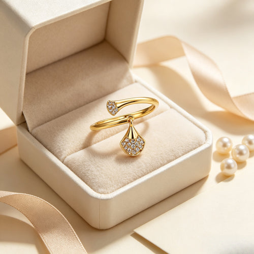 Floating Ginkgo Leaf Promise Adjustable Ring | Pave CZ Gold Tone Alloy Ring FaeAtelier
