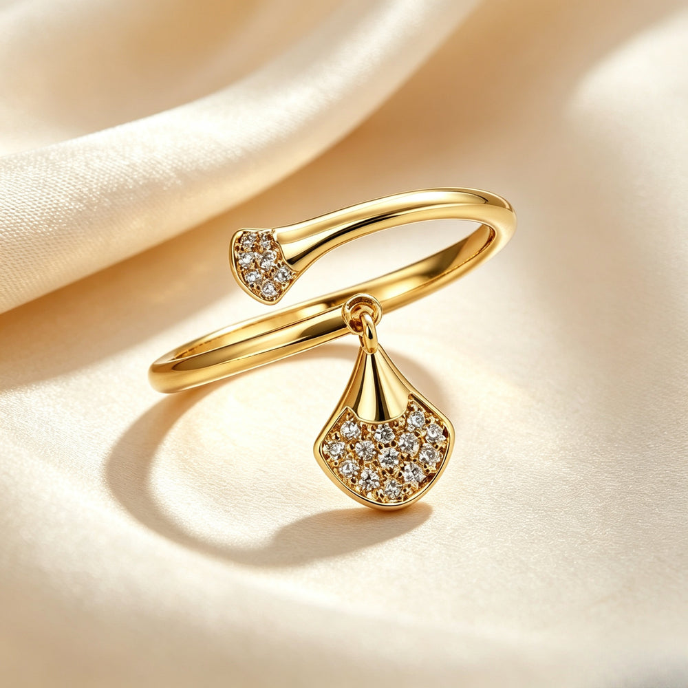 Floating Ginkgo Leaf Promise Adjustable Ring | Pave CZ Gold Tone Alloy Ring FaeAtelier