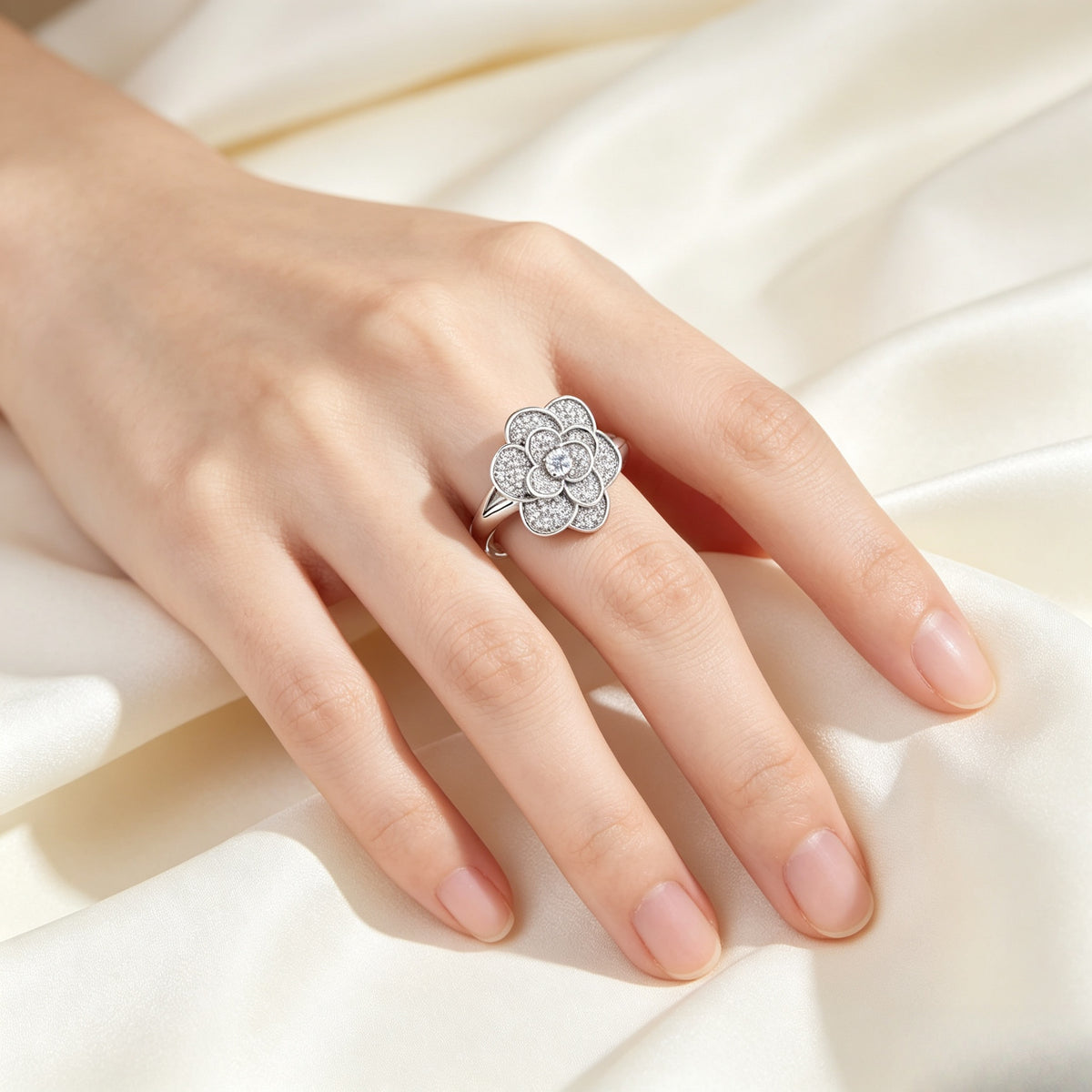 Spinning Camellia Stress Relief Ring | Full Pave CZ Silver Tone Alloy Ring｜ FaeAtelier