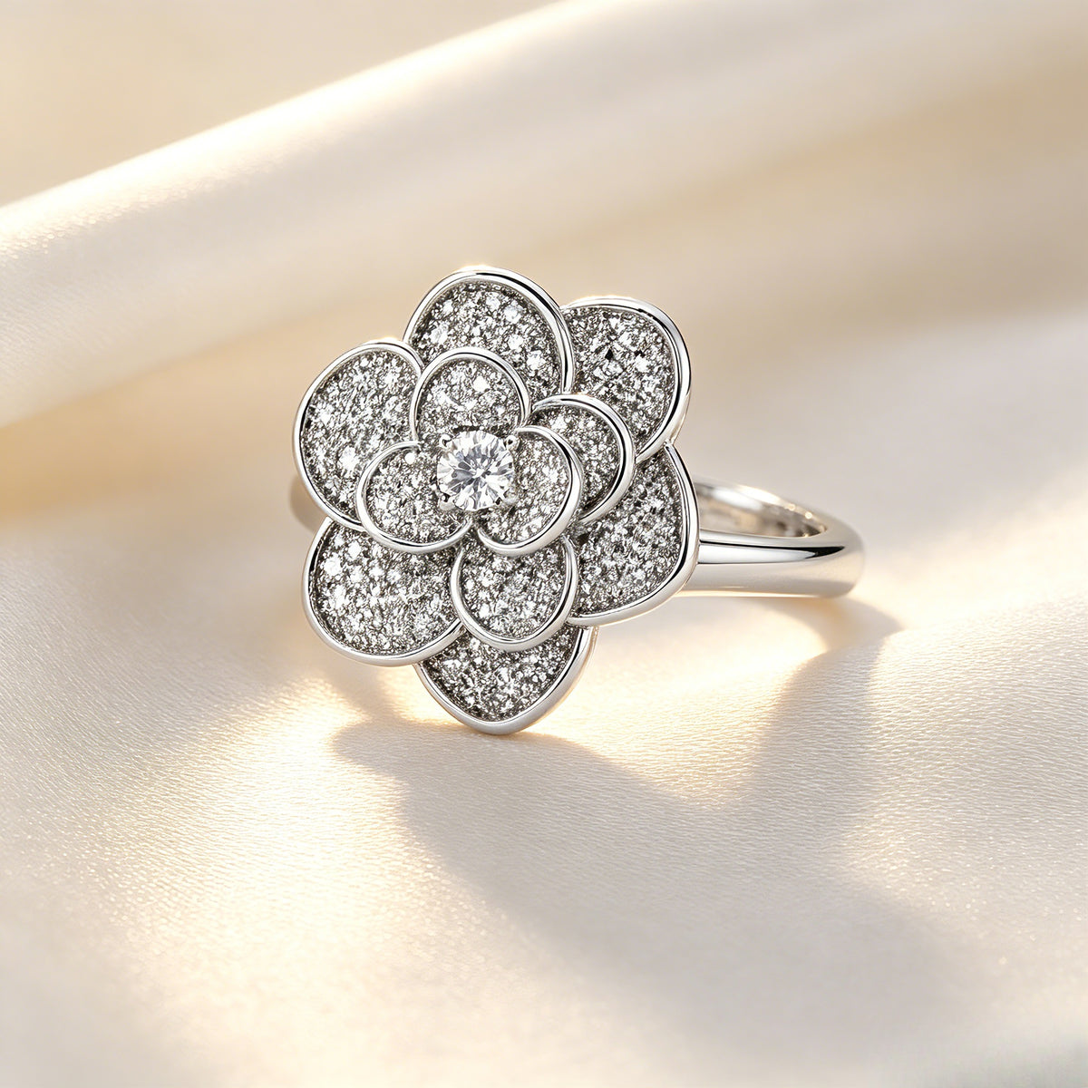 Spinning Camellia Stress Relief Ring | Full Pave CZ Silver Tone Alloy Ring｜ FaeAtelier