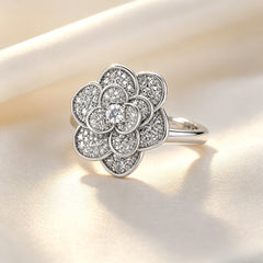 Spinning Camellia Stress Relief Ring | Full Pave CZ Silver Tone Alloy Ring｜ FaeAtelier