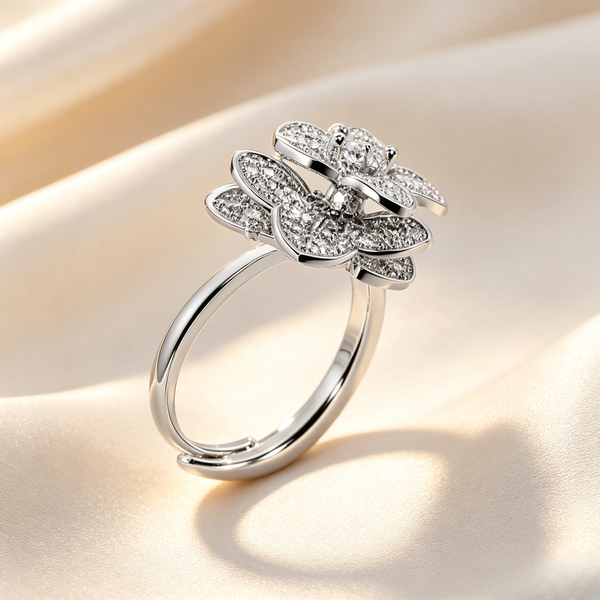 Spinning Camellia Stress Relief Ring | Full Pave CZ Silver Tone Alloy Ring｜ FaeAtelier