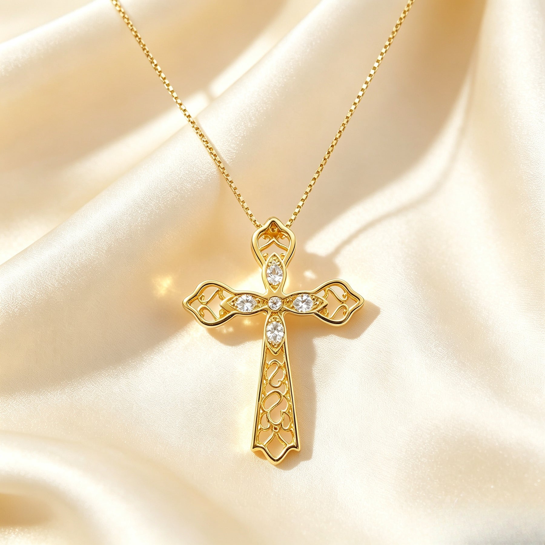 Vintage Filigree Hollow Cross Necklace Gold Tone Cubic Zirconia Pendant ｜ FaeAtelier