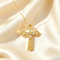 Vintage Filigree Hollow Cross Necklace Gold Tone Cubic Zirconia Pendant ｜ FaeAtelier