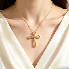 Vintage Filigree Hollow Cross Necklace Gold Tone Cubic Zirconia Pendant ｜ FaeAtelier
