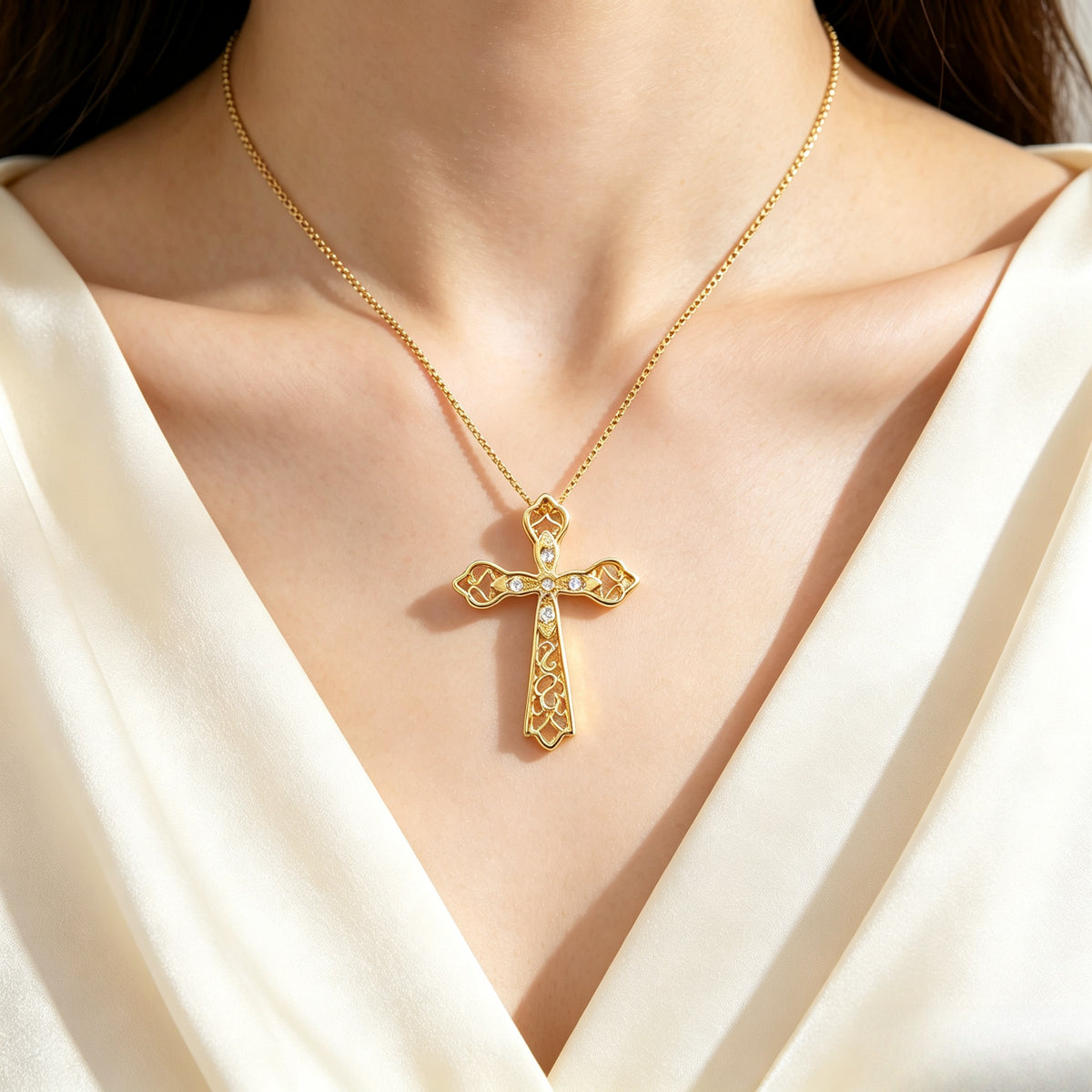 Vintage Filigree Hollow Cross Necklace Gold Tone Cubic Zirconia Pendant ｜ FaeAtelier