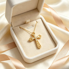 Vintage Filigree Hollow Cross Necklace Gold Tone Cubic Zirconia Pendant ｜ FaeAtelier