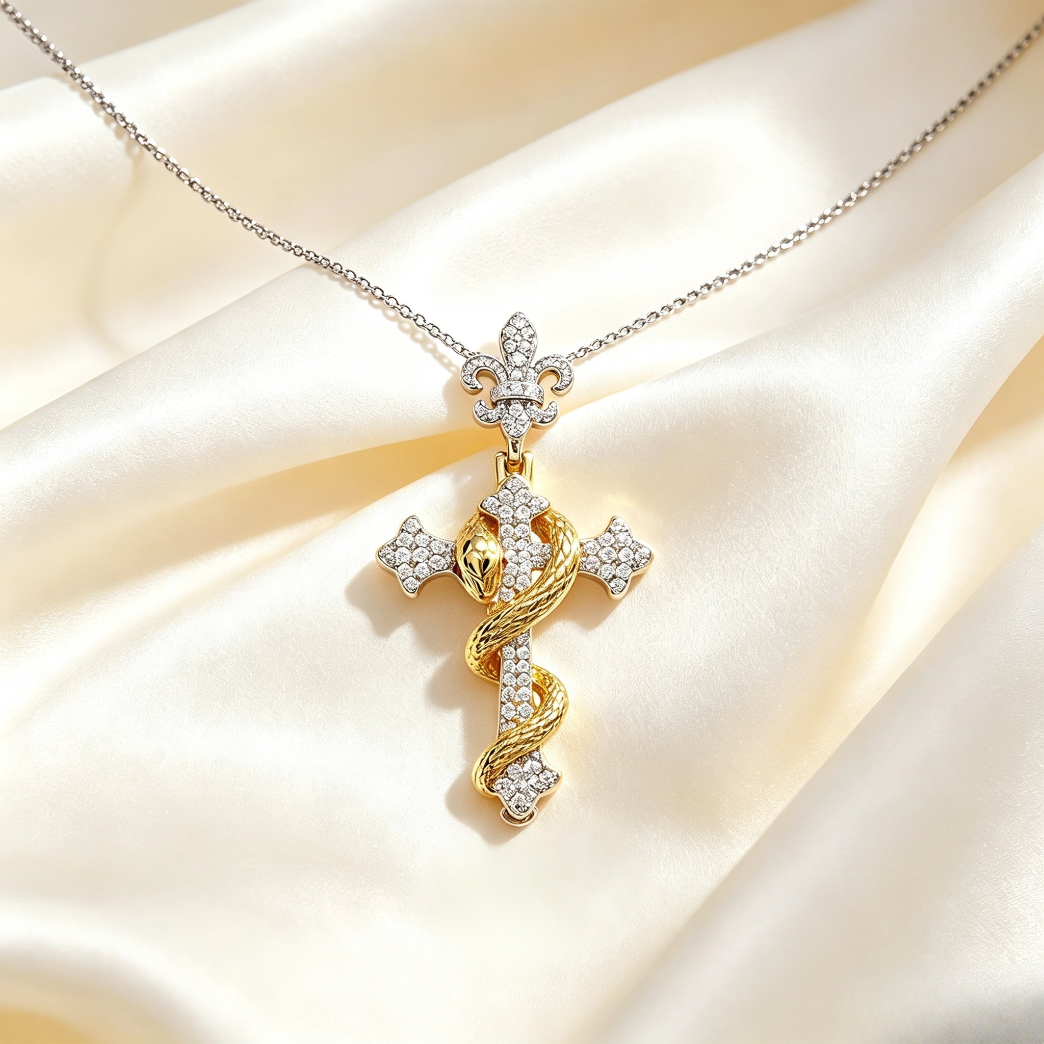 Serpent Wrapped Cross Pendant Necklace with Fleur-de-lis Bail, Polished & Micro Pave Cubic Zirconia Two-Tone Gold Tone Alloy Gothic Unisex Statement Necklace | FaeAtelier