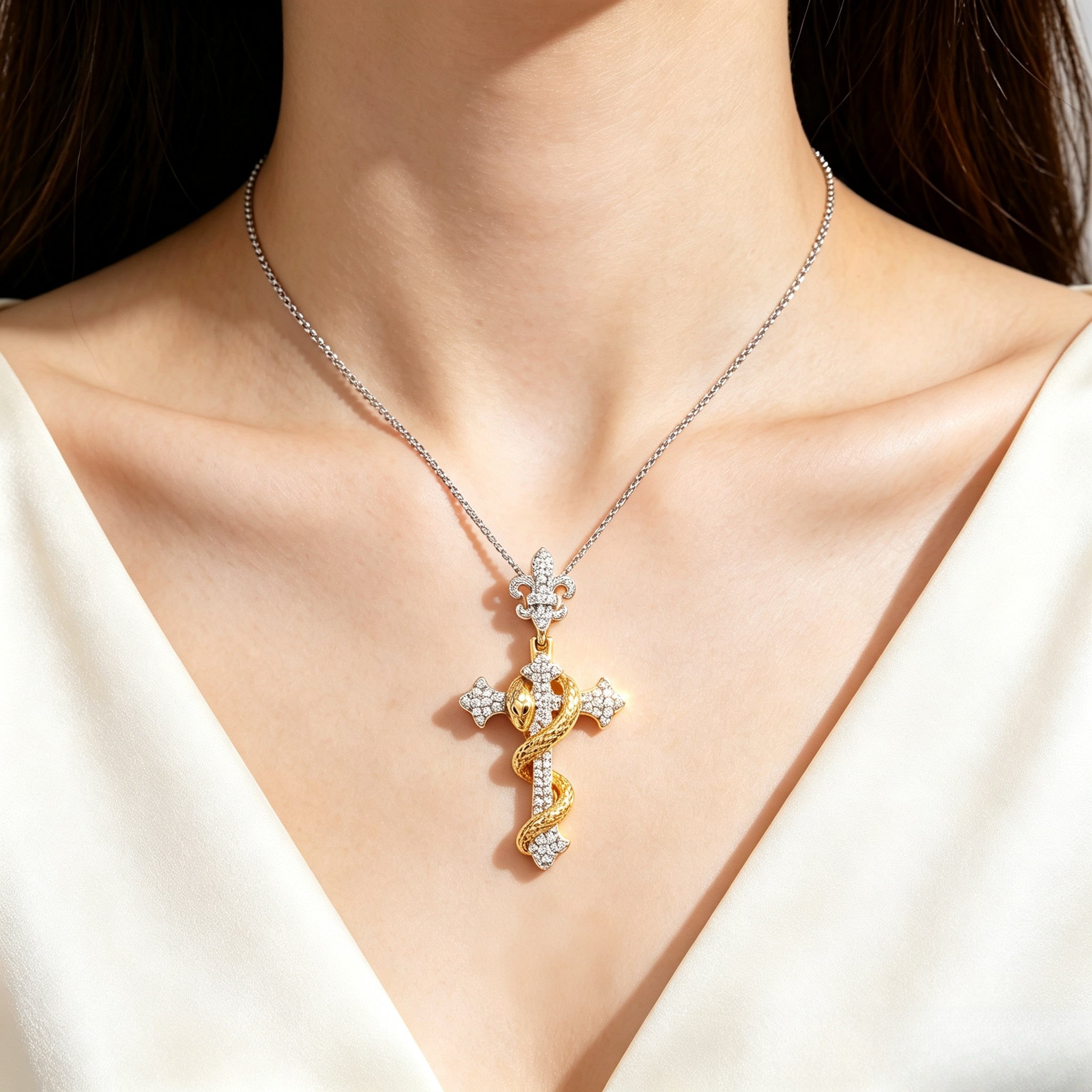 Serpent Wrapped Cross Pendant Necklace with Fleur-de-lis Bail, Polished & Micro Pave Cubic Zirconia Two-Tone Gold Tone Alloy Gothic Unisex Statement Necklace | FaeAtelier