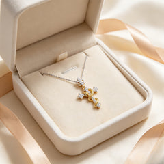 Serpent Wrapped Cross Pendant Necklace with Fleur-de-lis Bail, Polished & Micro Pave Cubic Zirconia Two-Tone Gold Tone Alloy Gothic Unisex Statement Necklace | FaeAtelier