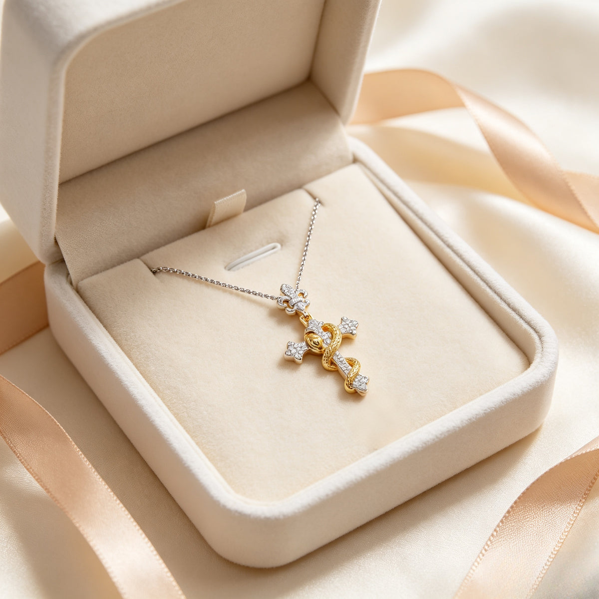 Serpent Wrapped Cross Pendant Necklace with Fleur-de-lis Bail, Polished & Micro Pave Cubic Zirconia Two-Tone Gold Tone Alloy Gothic Unisex Statement Necklace | FaeAtelier