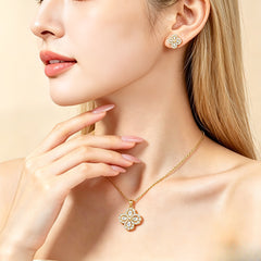 Halo Four Leaf Clover 2-Piece Jewelry Set Gold Tone Alloy 925 Silver Posts｜ FaeAtelier
