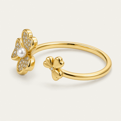 Clover Pearl & Pave CZ Adjustable Open Ring