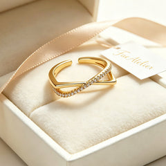Twisted Square Frame Adjustable Ring | Pave CZ Gold Tone Alloy Ring FaeAtelier