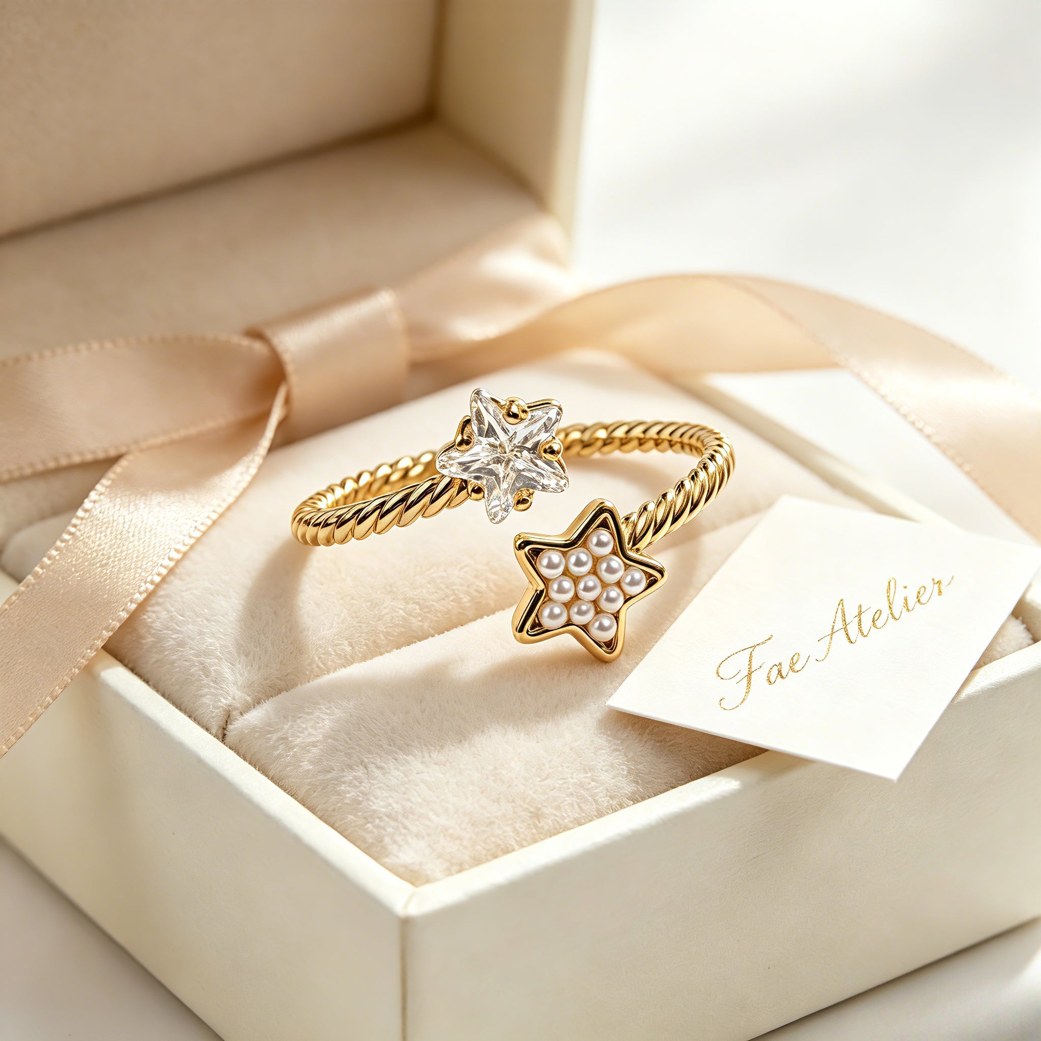 . Adjustable Twisted Rope Dual Star Open Ring